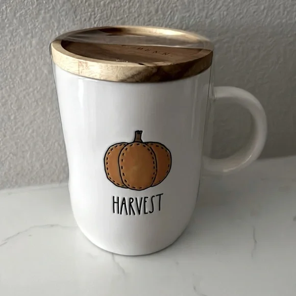 NWT Rae Dunn 🎃 Harvest Mug w Wooden Lid/Coaster - Picture 1 of 3